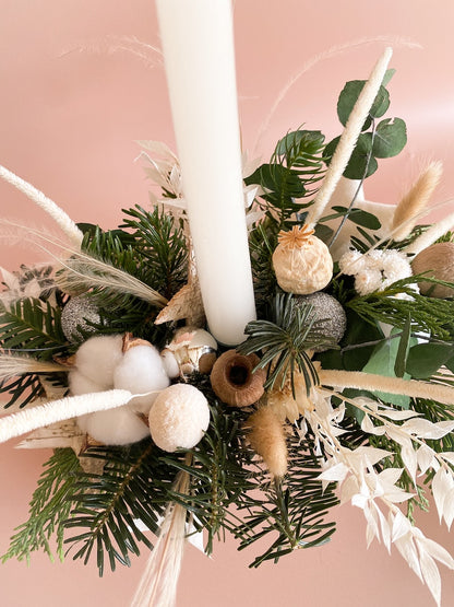 Atelier Noël centre de table bûche fleurie