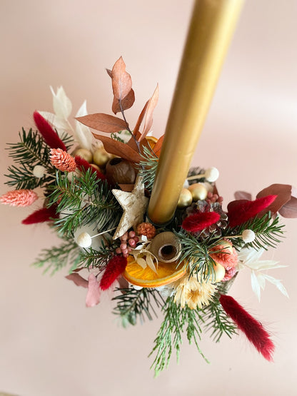 Atelier Noël centre de table bûche fleurie