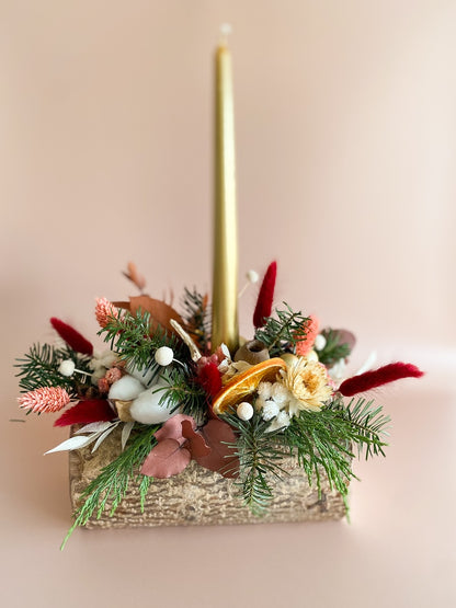 Atelier Noël centre de table bûche fleurie